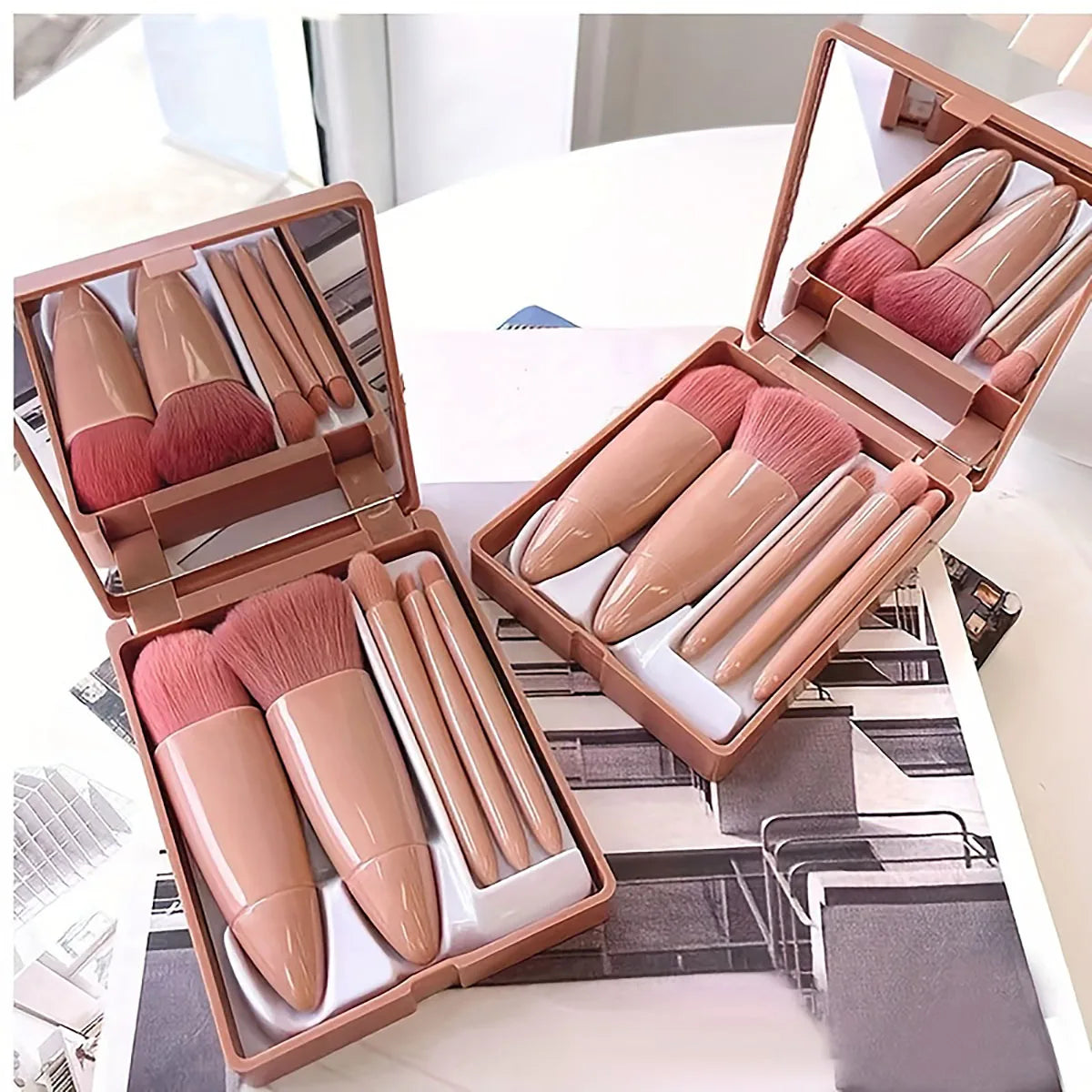 Portable Makeup Brush Set With Mirror -  Foldable Travel Kit