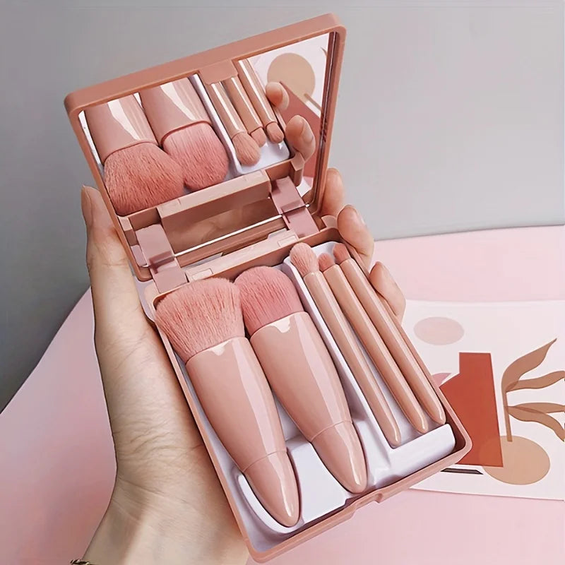 Portable Makeup Brush Set With Mirror -  Foldable Travel Kit